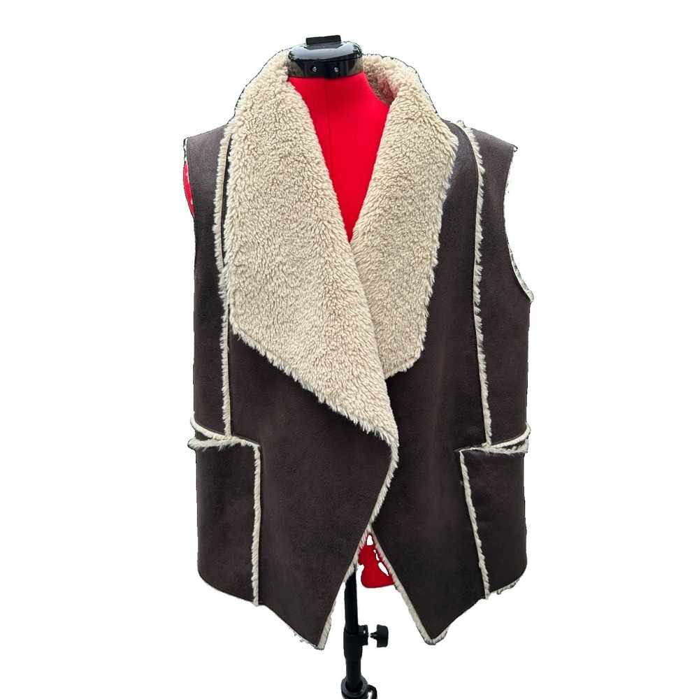 indigo thread co Faux Fur Vest 1x shearling Vest Brown Open Front Western Boho